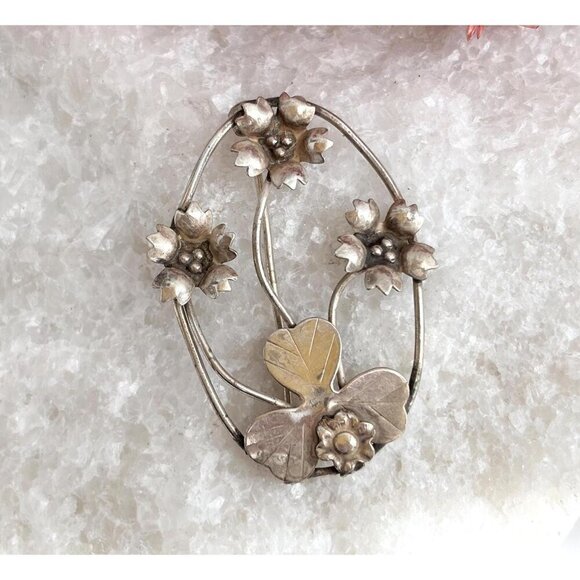 40's Vintage Art Nouveau Floral & Beaded Openwork Sterling Silver Foliage Brooch - Picture 1 of 10